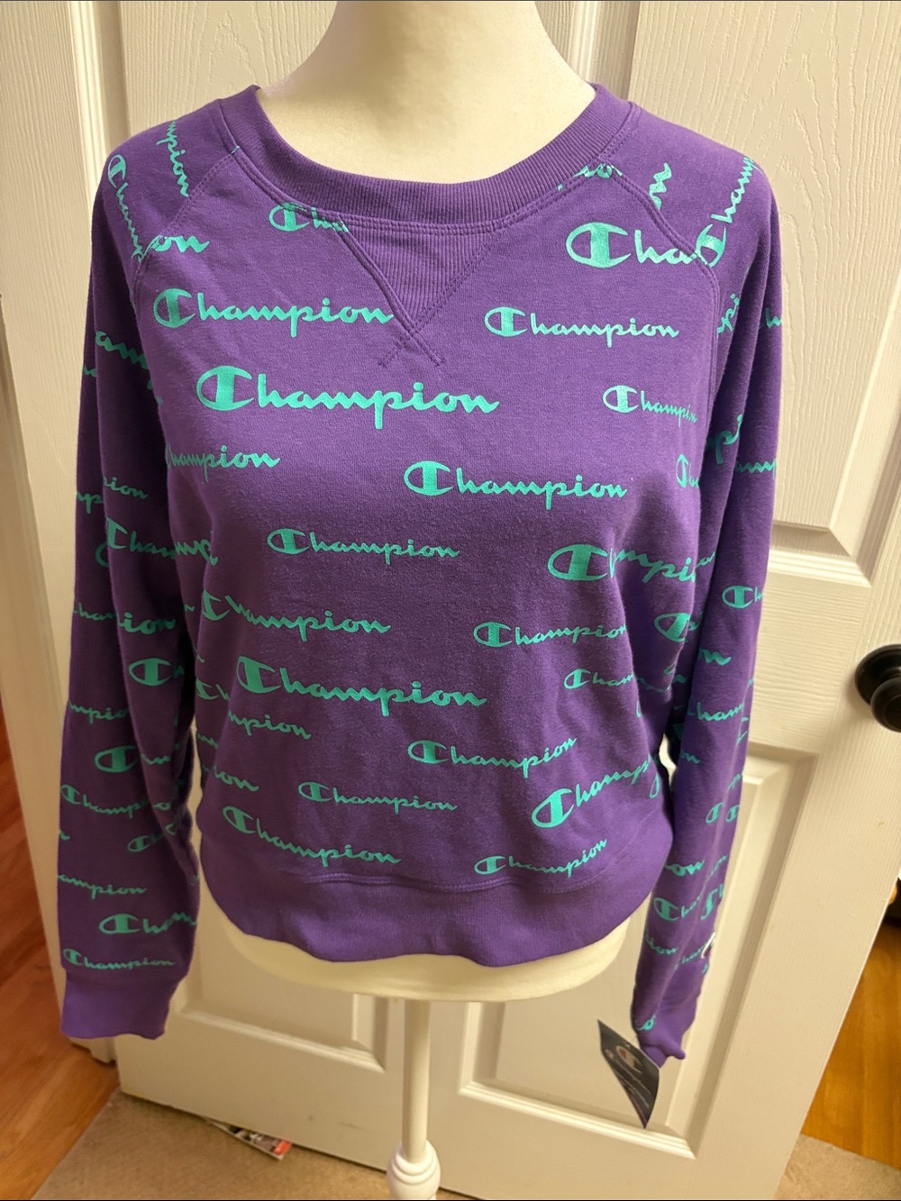 NWT Champion Purple Crewneck Sweatshirt with Teal Logo Print